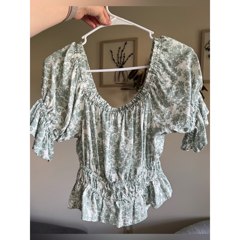 Floral Sage Smocked Waist Peasant Blouse